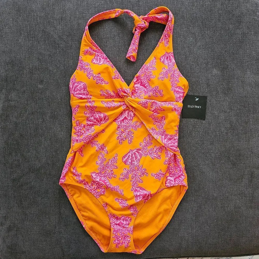 Ellen Tracy Women's Coral print pink & orange Halter One Piece Swimsuit Size 12